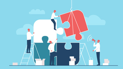Vector concept illustration of a teamwork of a group of people assembling a puzzle. It represents a concept of teamwork, strategy and building process and creative and effective cooperation