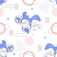 Seamless pattern. Astronaut flies in space. Astronomy.