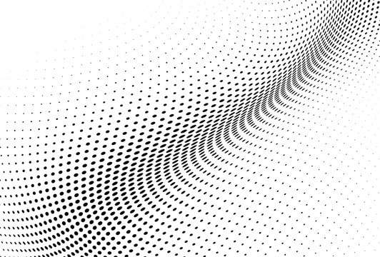 Black and white halftone. Monochrome texture of dots. Waves from points abstract background
