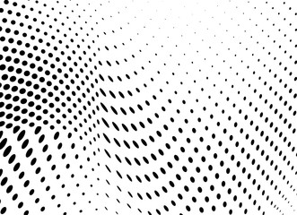 Black and white halftone. Monochrome texture of dots. Waves from points abstract background