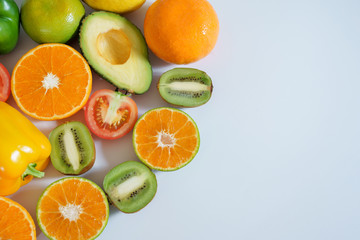 Banner from various vegetables and fruits isolated on white background, top view, creative flat layout. Concept of healthy eating, food background. Frame of vegetables with space for text.