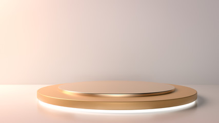 Beatiful golden stage, pedestal or podium in nude color paper studio. Perfect background or mockup for cosmetics or fashion. Place your object or product on pedestal. 3d render.