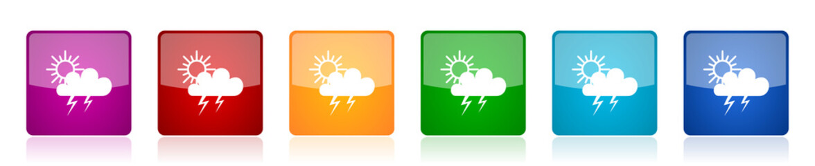 Storm icon set, colorful square glossy vector illustrations in 6 options for web design and mobile applications