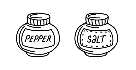 Hand-drawn set of spices salt and pepper isolated on a white background in a Doodle style. Seasonings for cooking. 