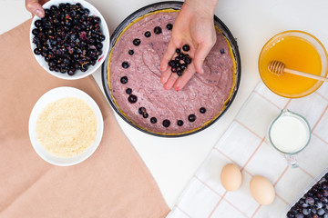 the stages of preparation of a pie with black currants and shortbread crust , fresh berries. the view from the top .