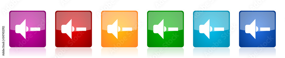 Leinwandbilder speaker volume icon set, colorful square glossy vector illustrations in 6 options for web design and
