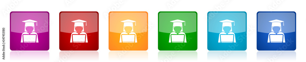 Poster student with laptop icon set, computer, education colorful square glossy vector illustrations in 6 o