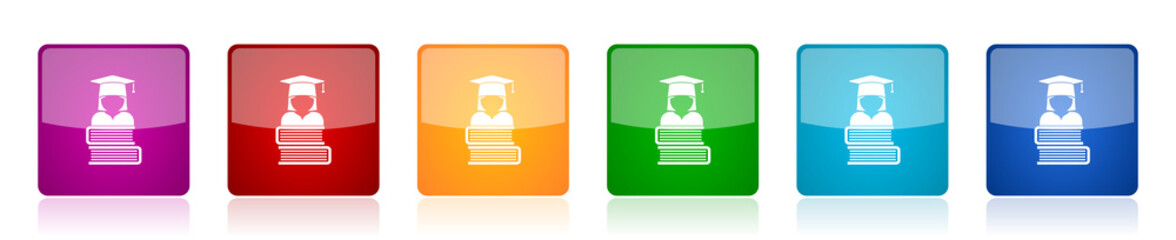 Student icon set, books education, knowledge colorful square glossy vector illustrations in 6 options for web design and mobile applications