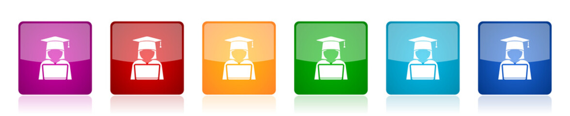 Student with laptop icon set, computer, education colorful square glossy vector illustrations in 6 options for web design and mobile applications