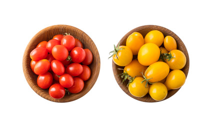 Red and yellow tomatoes lay on white background. Top view. Cherry tomatoes on a wooden bowl isolation. Tomatoes isolated on a white background. Copy space. Set of tomatoes of different varieties.