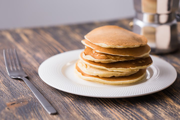 Homemade american pancakes. Healthy morning breakfast. Rustic style