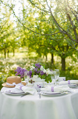 Holiday decorated dining table in the spring garden.  Lilac flowers in vases on the table. Purple style. French Provence