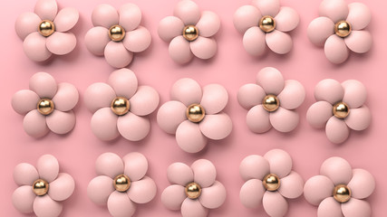 Abstract image of pink flowers made of leather and gold over pink paper background. 3d render. Use image in entertainment, fashion and cosmetics advertisement.