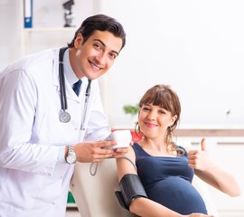 Obraz premium Young doctor checking pregnant woman's blood pressure