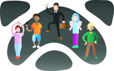 Five different people standing together in colorful clothes