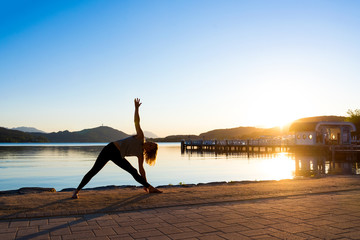 Sporty woman doing yoga exercises in different plac