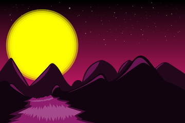 The fantasy mountain is built with a vector and has a colorful sky. Look at the dark mountains. There are stars in the sky and the big moon. There is a stream flowing down the mountain
