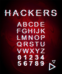 Hackers glitch font template. Retro futuristic style vector alphabet set on red holographic background. Capital letters, numbers and symbols. Cyber criminal typeface design with distortion effect