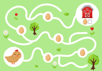 Educational maze game for preschool kids. Help the chicken collect all eggs. Cute kawaii farm animals. Learn count and write.