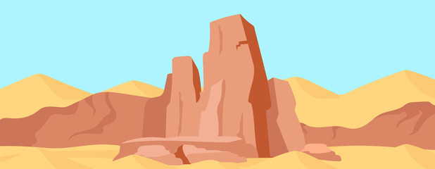 Canyon flat color vector illustration. Dry desert mountains landscape. Wild nature scenery. Cliff scenery. Rock in valley view. 2D cartoon landscape with sand dunes on background © IMG visuals characte