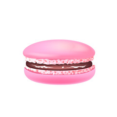 Macaroon, pink almond cookie realistic vector illustration. Meringue, traditional french biscuit, confectionery. Homemade creamy delicious dessert 3d isolated object on white background