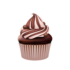 Chocolate cupcake, delicious creamy muffin realistic vector illustration. Birthday dessert, sweet stuff. Homemade pastry with cocoa cream, sugary bakery 3d isolated object on white background