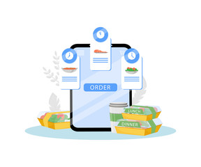 Prepared food scheduled delivery service flat concept vector illustration. Cooked meals online order. Internet restaurant, nutrition ordering and all day courier delivery creative idea