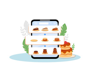 Online cakes order mobile application flat concept vector illustration. Pie assortment, sweet bakery choice option. Confectionary ordering and delivery internet service creative idea
