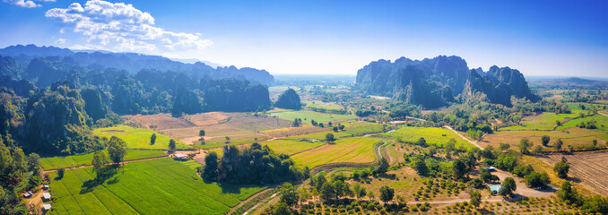 Aerial view of Limestone mountain and rice field in Noen Maprang district, Phitsanulok, Thailand.