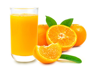 Orange juice and fruits on a white background