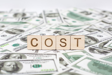 Wooden sign COST made of wooden alphabet letters, working concept. World map and money background