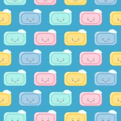 Seamless pattern pieces of solid soap cute happy sleeping character. Color illustration on a blue background. kawaii style