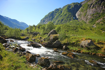 Beautiful scenery along the mountain hike to lake Myrdalsvatnet & Bondhus Lake, near Rosendal, Folgefonna National Park, Norway.