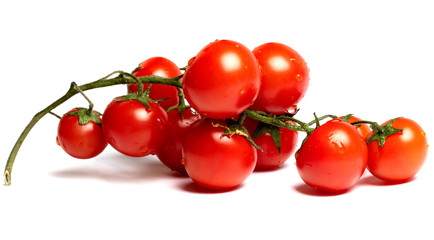 red tomatoes on a twig on a white background
