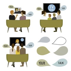 People watch and discuss the news.Flat vector art.People stay home as social distancing. Stay at home apartment.Minimal concept art. Cartoon people.