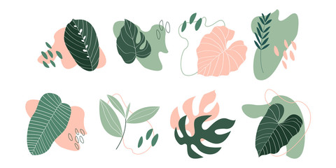 Big vector set of abstract tropical leaves. Cartoon exotic leaves. Perfect for poster, textile, wrapping paper, stickers