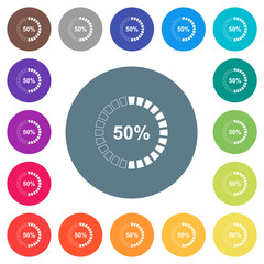 Fototapeta na wymiar 50 percent loaded flat white icons on round color backgrounds