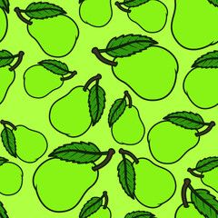 Vector illustration. Seamless background. Ripe fruits. Green pears with green leaves. On a green background.