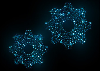 Glowing gear icon with glare effect on a black background with backlight. Grid gear icon shiny polygon mesh frame. Vector.