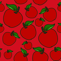 Vector illustration. Seamless background. Ripe fruits. Red apples with green leaves. On a red background.