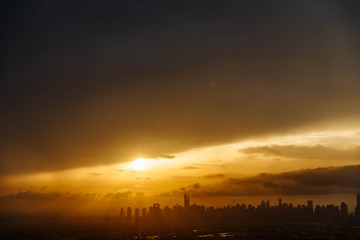 The beauty panorama of skyscrapers in Dubai Marina. UAE. Sunset over Dubai, aerial skyline.