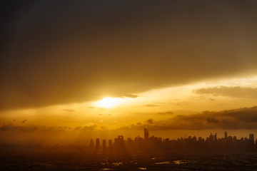 The beauty panorama of skyscrapers in Dubai Marina. UAE. Sunset over Dubai, aerial skyline.