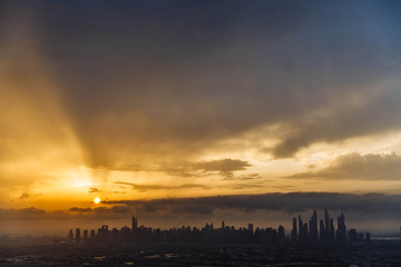 The beauty panorama of skyscrapers in Dubai Marina. UAE. Sunset over Dubai, aerial skyline.