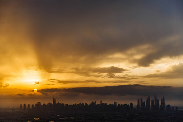 The beauty panorama of skyscrapers in Dubai Marina. UAE. Sunset over Dubai, aerial skyline.
