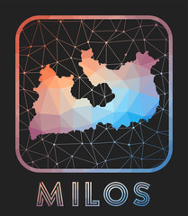 Milos map design. Vector low poly map of the island. Milos icon in geometric style. The island shape with polygnal gradient and mesh on dark background.