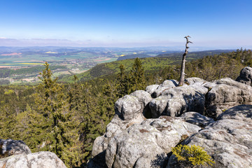 Stolowe Mountains National Park view from Szczeliniec Wielki near Kudowa-Zdroj, Poland. A popular destination for trips in Poland. - obrazy, fototapety, plakaty