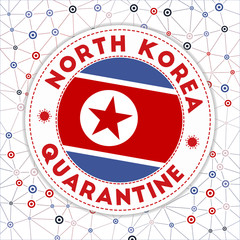 Quarantine in North Korea sign. Round badge with flag of North Korea. Country lockdown emblem with title and virus signs. Vector illustration.