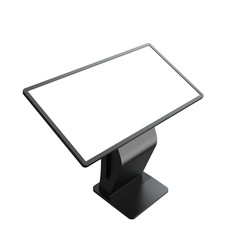 Black Interactive Information Terminal. Isometric View of a Touch Screen Kiosk Stand . 3D Render of a Console with a Blank Empty Screen Isolated on a White Background.