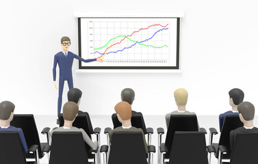 Man is showing at a board with a chart of growth and explaining something to audience who are sitting in front of him. 3D illustration