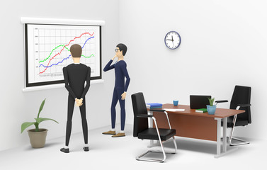 Two businessmen are standing into a separate office in front of a board with a chart of growth. 3D illustration